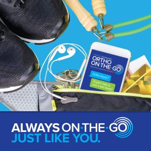 Smartphone displaying Connecticut Orthopaedics Ortho On The Go service inside a gym bag with running shoes, resistance bands, earbuds, and fitness gear